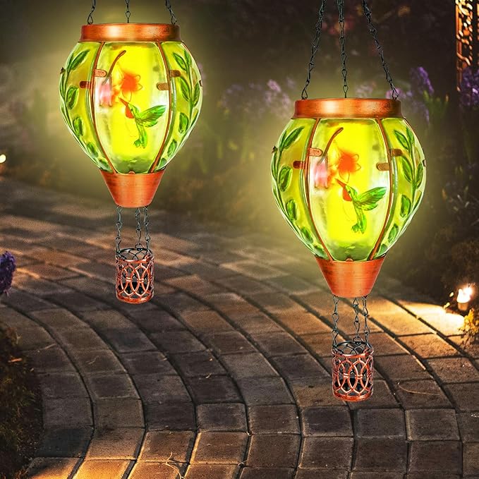 2 Pack Solar Hot Air Balloon Lantern with Flame,Hummingbird Outdoor Solar Lanterns for Outside Garden Yard Farmhouse Patio Pathway Decoration, Hummingbird Gifts for Women Grandma Mom - Hummingbird