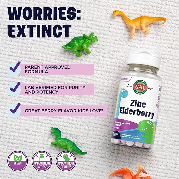 KAL Kids Zinc Elderberry Dinosaurs, Immune 90 Servings, 90 Micro