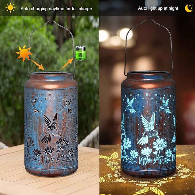 pearlstar Hummingbird Lantern Solar Hanging Lights Outdoor Decorative Solar Lantern Waterproof for Table Patio Yard Garden Lawn Landscape Lighting, Gardening Gifts for Women Men,Hummingbird-Blue