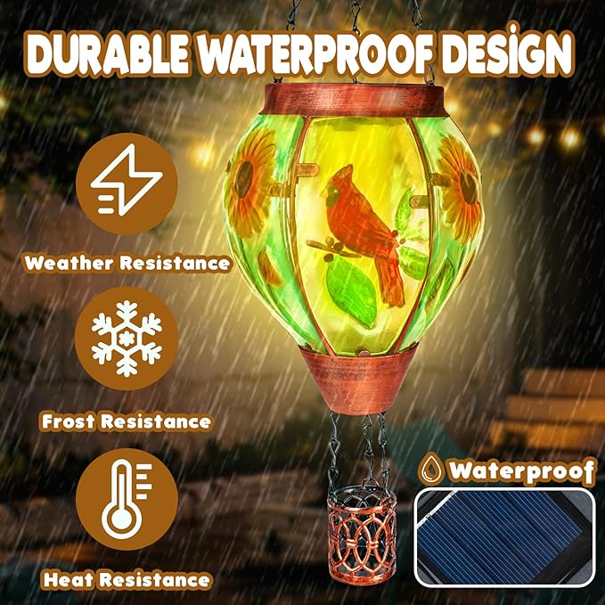 2 Pack Solar Hot Air Balloon Lantern With Flame, Cardinal Glass Solar Hanging Lights for Outdoor Yard Patio Farmhouse Decoration, Gifts for Women Grandma Mom