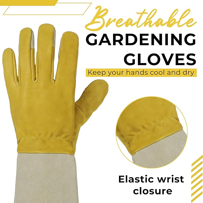 HANDLANDY Rose Pruning Gloves for Men & Women, Thorn Proof Long Garden Gloves, Gardening Gifts for Gardeners (Yellow- goatskin, Large (Pack of 1))