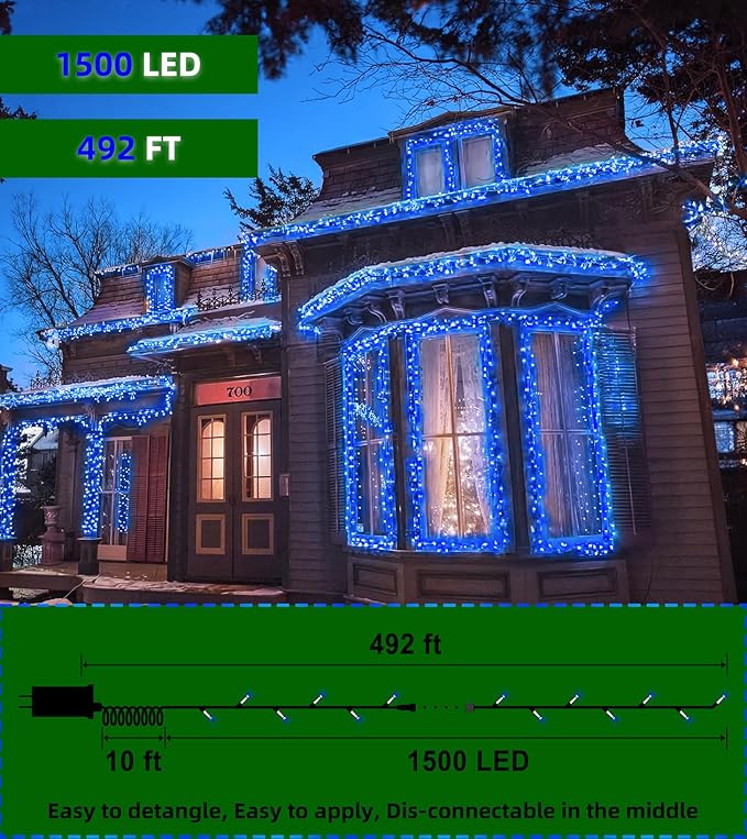 1500 LED Super Long Christmas String Lights, 492FT, Blue, Indoor/Outdoor, LED, Waterproof, Christmas, Holidays