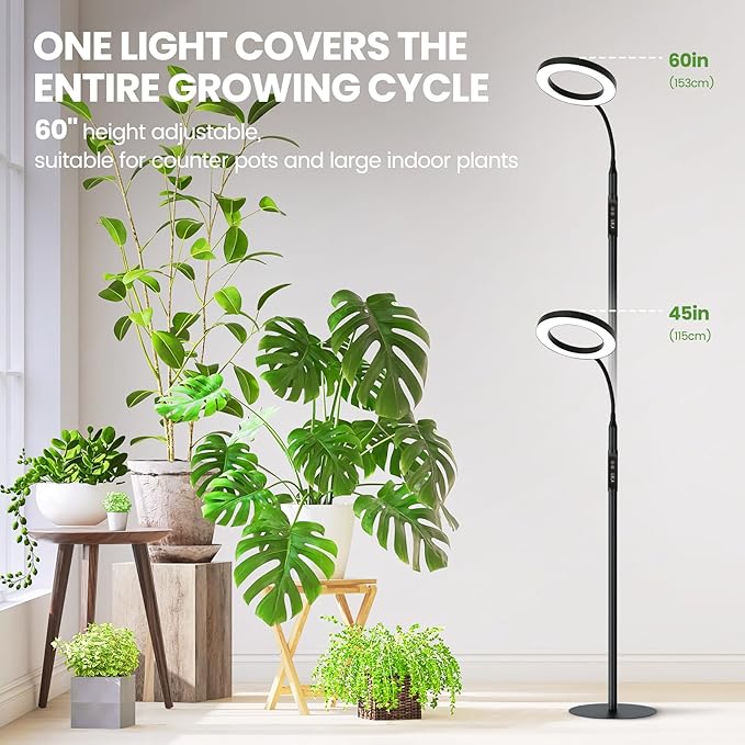 60" Grow Light for Indoor Plants, Upgrade Controller Red Blue White Full Spectrum 95 LED beads Plant Light with Stand,Floor Grow Lamp with Timer 3/9/12H,Dimmable Halo Growth Lamp for Plants