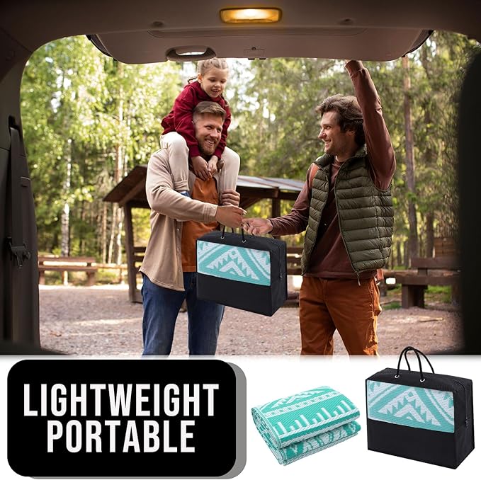 OLANLY Outdoor Rug Waterproof 5x8 ft, Reversible Outdoor Plastic Straw Rug, Boho Patio Rug, Indoor Outdoor Carpet, RV Mat Outside for Patio, Camp, Picnic, Balcony, Deck, Backyard, Turquoise & White