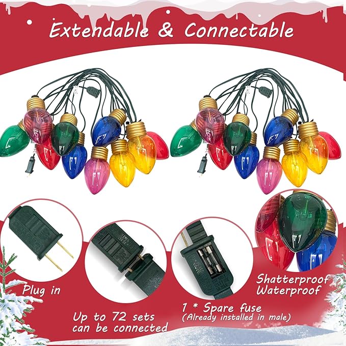 16FT Jumbo Christmas Lights Outdoor,C7 Giant String Light Christmas Outdoor Hanging Lights with 10 Large Clear Multicolor Bulb for Holiday Home Roof Yard Garden Decorations