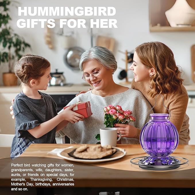 Glass Hummingbird Feeder for Outdoors Hanging, Bird Nectar Feeder with Perch & 5 Flower Feeding Ports, 26 Oz Leak Proof for Outside Garden Decor Backyard, Gifts for Women Mom, Purple