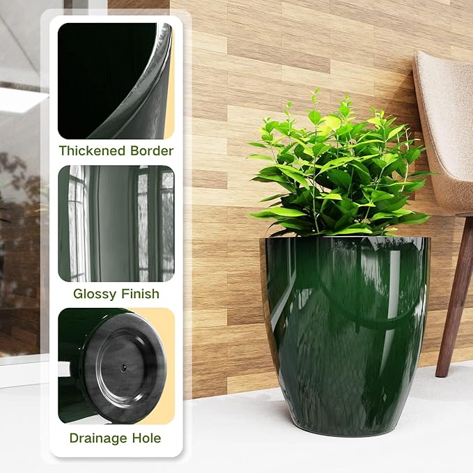 QCQHDU Plant Pots Set of 2 Pack,10 Inch Plant Pot for Indoor and Outdoor Plants with Drainage Hole,Flower Pots Modern Decorative Planter for Garden Plants (Green)