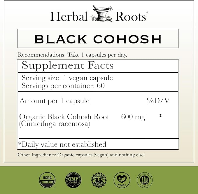 Herbal Roots Organic Black Cohosh Root 600mg | 60 Capsules,