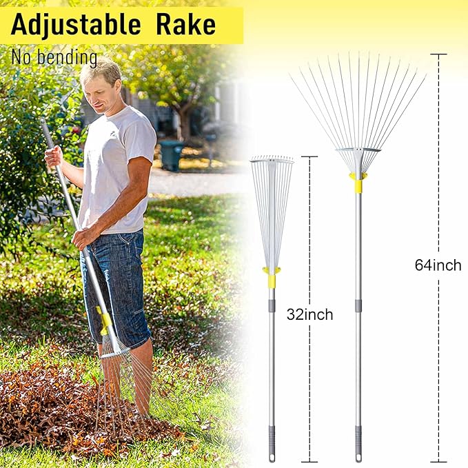 JARDINEER Adjustable Metal Leaf Rake, for Leaves Shrubs and Small Areas in Garden, Yard, Lawn, with Expandable Head 7-23", for Men Women Kids