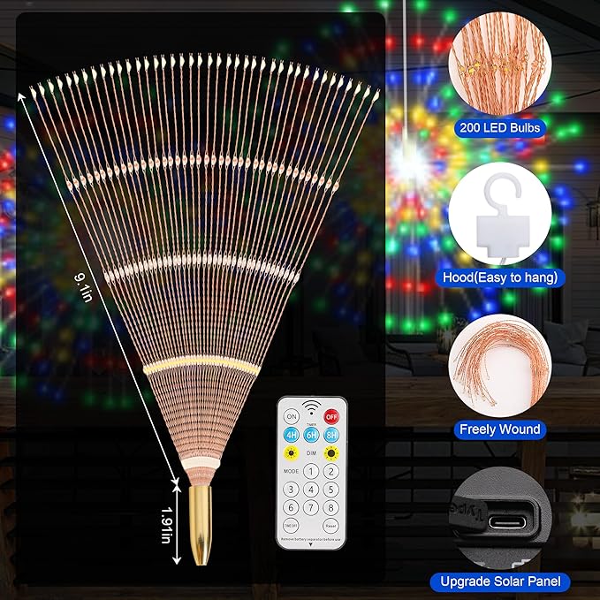 Solar Firework Lights Outdoor, 1000 LED Starburst Light Outdoor with USB Rechargerable, 8 Modes Waterproof Solar Hanging Lights for Gazebo Yard Party Wedding Decorations (Multicolored, 1000 LED)