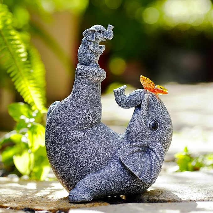 Mommy & Baby Elephant Garden Statue with Solar Butterfly Lights - Perfect Elephant Decor & Ornament for Women, Housewarming Gifts and as Garden Decorations