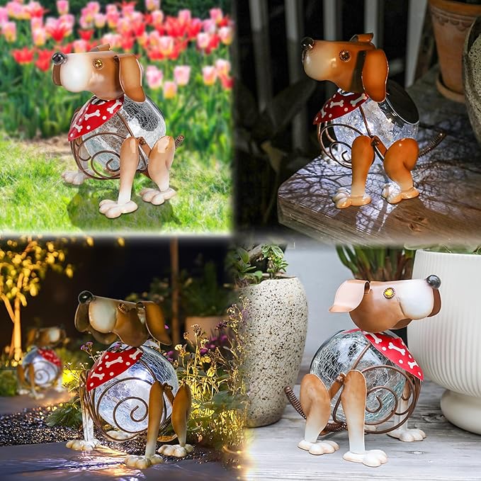 MUMTOP Solar Lanterns Outdoor Waterproof LED Crackle Glass Globe Solar Lights Decorative Dog Tabletop Lantern Metal Yard Art for Patio Garden Table Decor