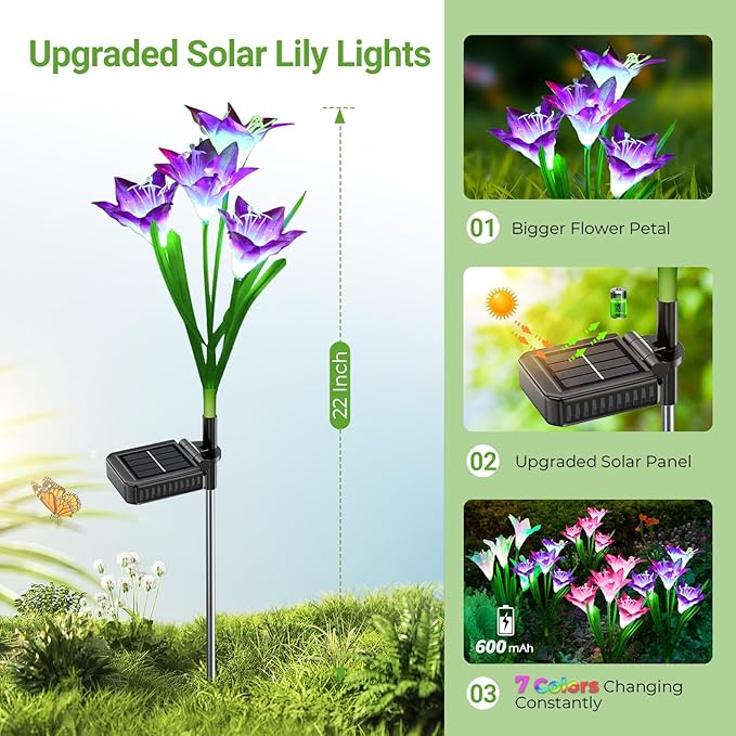 WdtPro Solar Lights Outdoor Garden Decorative Flowers 6 Pack, Waterproof Solar Garden Lights with 24 Lily Flowers, Multi Color Changing LED Solar Powered Landscape Lights for Yard Garden Patio
