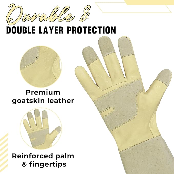 HANDLANDY Pruning Gloves Long for Men & Women, Rose Thorn Proof Gardening Gloves- Gardening Gifts for Gardeners (Beige- goatskin, Large (Pack of 1))