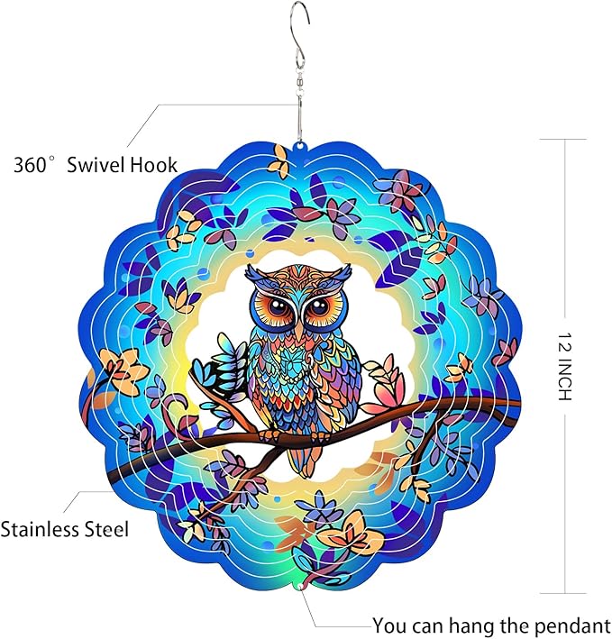 Owl Metal Wind Spinners Owl Gifts for Mom Women Grandma,12inch Hanging Wind Spinner for Outdoor&Indoor Decor Wind Kinetic Christmas Mother Ornament Gifts for Yard Garden Decoration