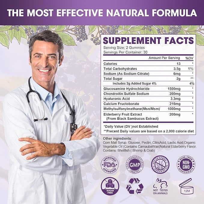 (2 Pack) Glucosamine Chondroitin Gummies, Extra 1000mg MSM 200mg Elderberry 120 Gummies