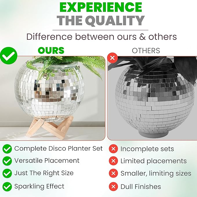 Eekzy Disco Ball 8" Plant Pot - Hanging Planter with Macrame Rope, Square Stand, Silver Chain & Inner Pot - Indoor & Outdoor Decor