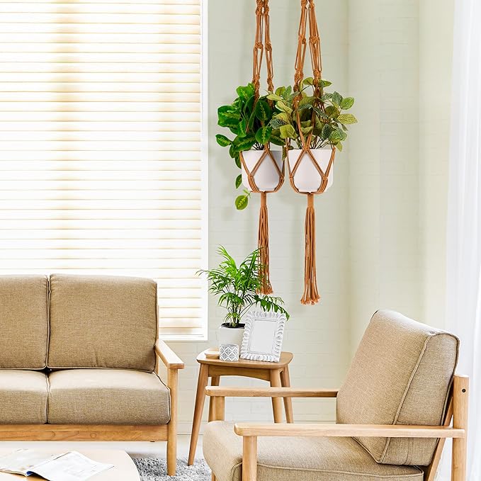 Sorbus Macrame Plant Hanger (8 Pack) Indoor Outdoor Hanging Plant Pots Cotton Rope, Elegant for Home, Patio, Garden (Brown)