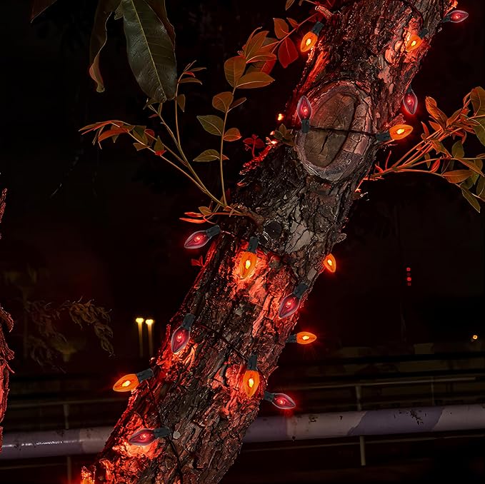 Halloween Decorations Lights Outdoor, 25Ft C7 Halloween Orange Purple String Lights with 25 Flickering Flame Bulbs, Connectable Outdoor Halloween Flame Lights for Indoor Garden Party Patio Yard Decor