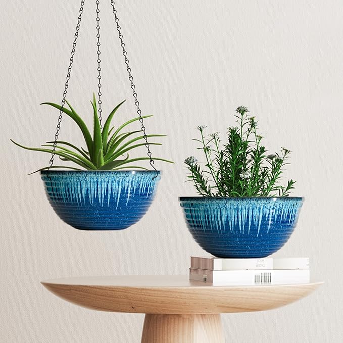 12 inch Hanging Planters for Indoor Outdoor Plants, 2 Pack Large Hanging Flower Pots with Drainage Holes and Chain, Glazed Hanging Baskets for Home Garden Decoration (Blue Flow Glaze)