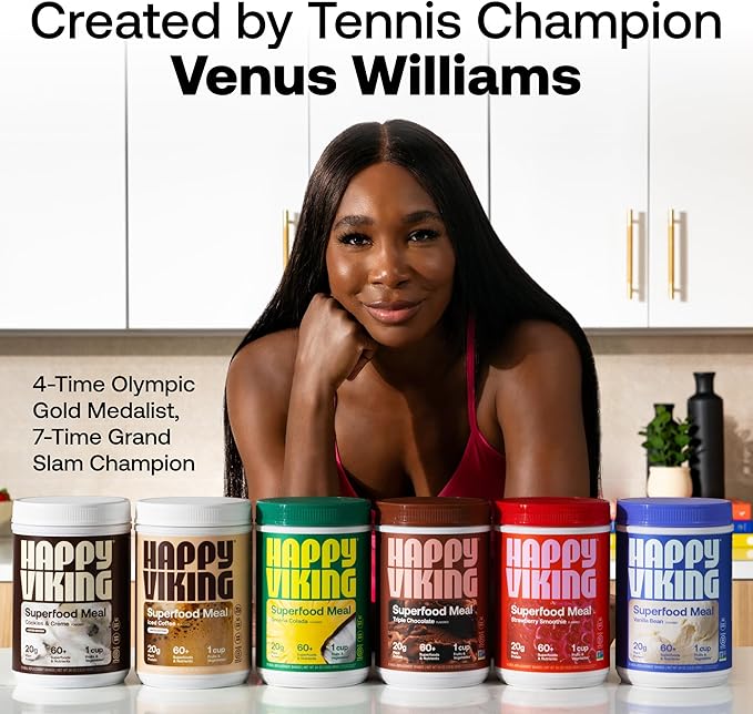 Happy Viking Vanilla Plant Protein Powder, Created by Venus Williams, 20G Protein, Low Carb, Keto, Vegan, Gluten-Free, Non-GMO, Superfoods, Complete Meal Replacement, 1 Canister (24 oz.)