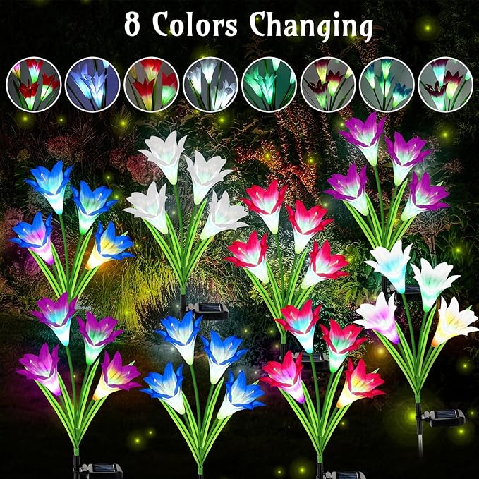Retisee 8 Pcs Solar Lights Outdoor Solar Flower Lights with 32 Lily Flowers Waterproof Color Changing Outdoor Lights Solar Powered Lily Flower Lights for Patio Yard Garden Decoration