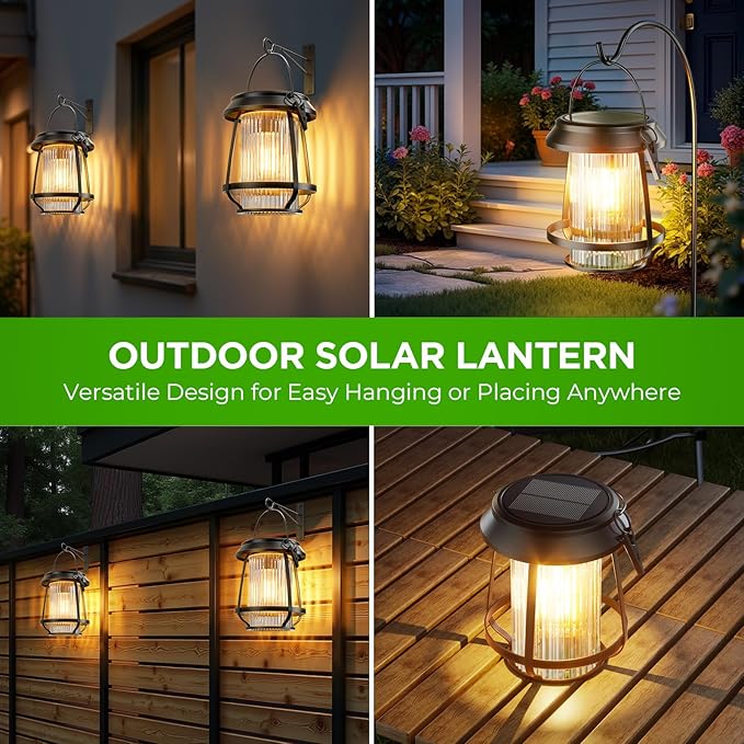 Solar Lanterns Outdoor Waterproof, Metal Hanging Solar Lights Outdoor with Hooks Wall Mount Kit, Solar Powered Lanterns for Garden Porch Patio Fence Decorative 2 Pack (Warm Light)