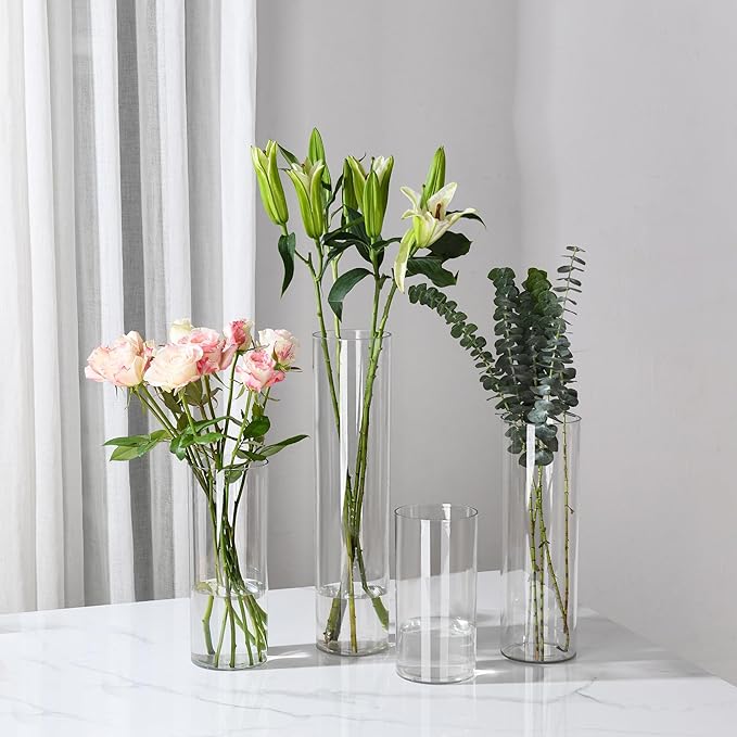 Clear Flower Vase, Non-breakable Vases, 4" W x 12" H, Acrylic Vase, Aesthetic Room Decor Cylindrical Modern Flower Vases for Table Centerpiece, Home Decor, Women Floral Arrangement Gift