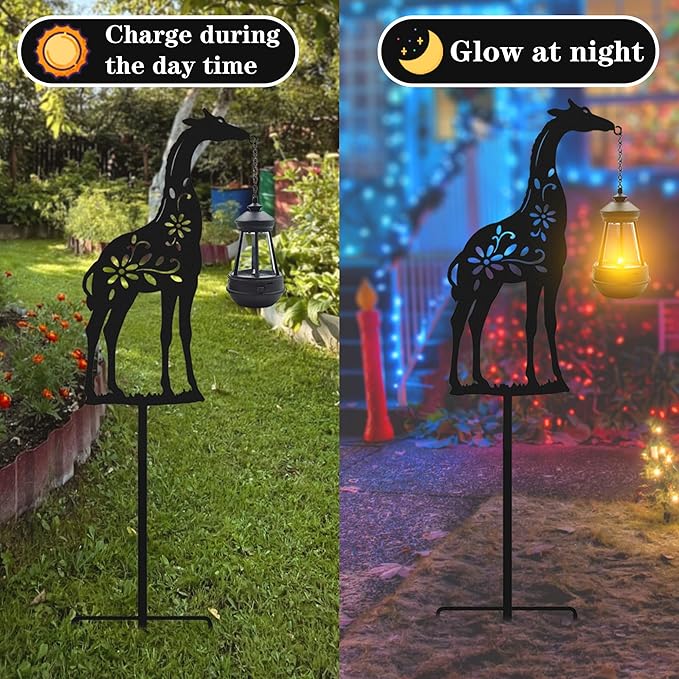 Solar Giraffe Garden Stakes Outdoor Solar Decor Metal Giraffe Holding Solar Lantern Decorative Garden Metal Animal Stakes Outdoor Giraffe Silhouette Stakes