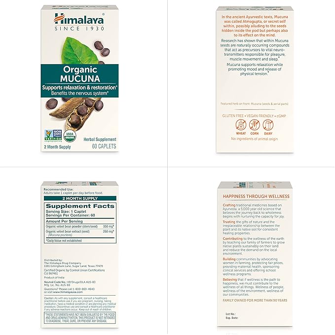 Himalaya Organic Mucuna/Pruriens Herbal Supplement, Supports 600 mg, 60 Plant-Caplets, 60 Day