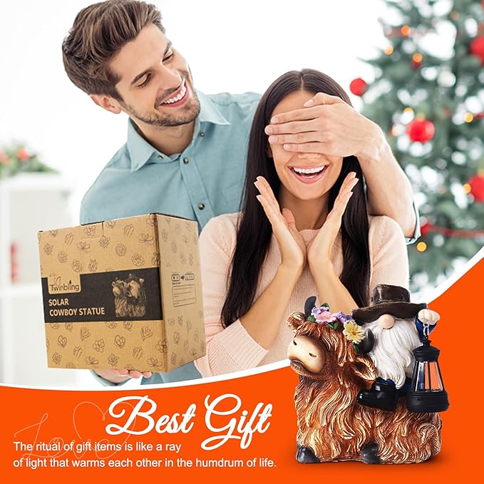 Solar Highland Cow Gnome Garden Decorative Statue - Detachable Lantern - Outdoor Fun Decoration, Suitable for Patio, Back Porch, Table Ornaments, Unique Housewarming, Birthday Gifts for Women, Mom