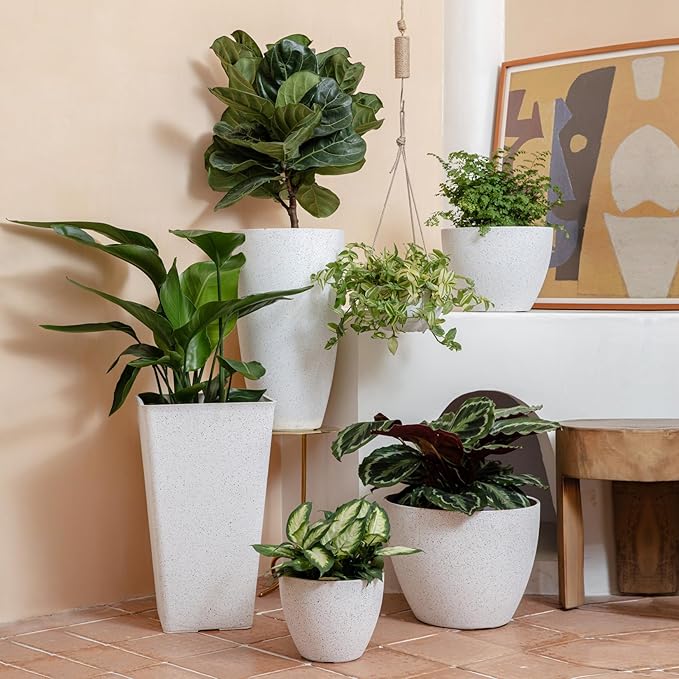 LA Jolie Muse Hanging Planters for Indoor Plants - Flower Pots Outdoor 10 inch Garden Planters and Pots,Speckled White Set of 2