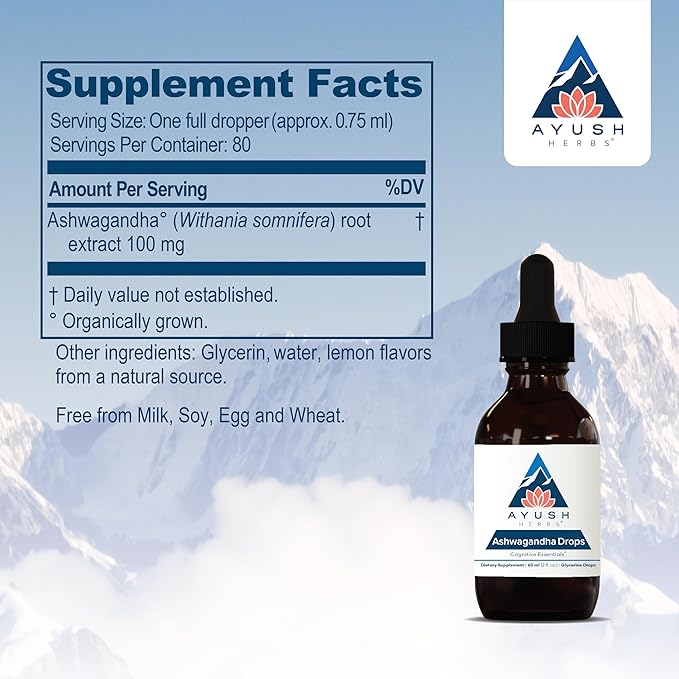 Ayush Herbs Ashwagandha Drops, Cognitive, Adrenal, 2 Ounces