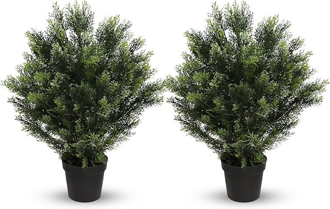 momoplant 31 Inch Tall Artificial Cedar Topiary Tree Set of 2 Faux Cypress Evergreen Potted Plants for Outdoor & Indoor Decor