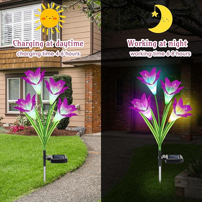 Retisee 8 Pcs Solar Lights Outdoor Solar Flower Lights with 32 Lily Flowers Waterproof Color Changing Outdoor Lights Solar Powered Lily Flower Lights for Patio Yard Garden Decoration