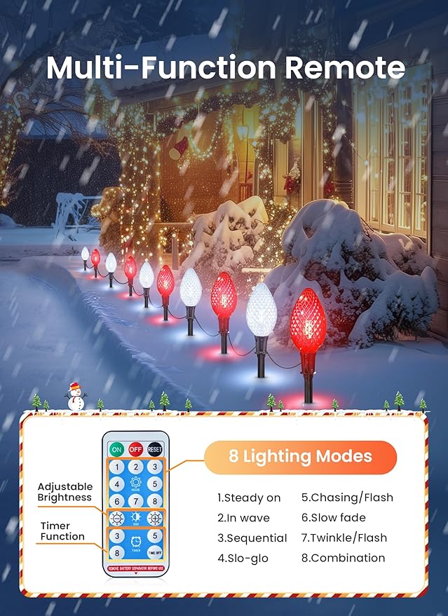 Minetom Solar Double C9 Strawberry Pathway Lights - 16FT 10 LED C9 Christmas Lights with Timer, 8 Modes, Solar Christmas Outdoor Decorations for Lawn Outside Walkway, Red & White