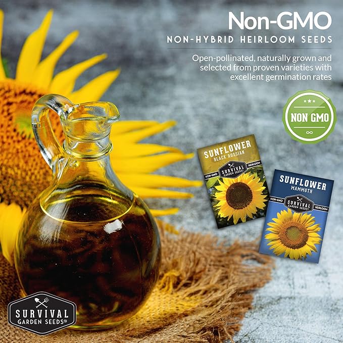 Survival Garden Seeds Edible Sunflower Seeds Vault – Gigantic Flowers with Delicious Seeds - Oil-Rich Mammoth & Black Russian Sunflower Seeds - Non-GMO Heirloom for Planting & Growing