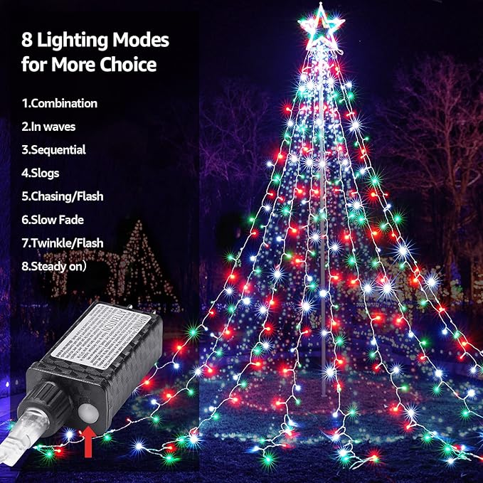 BlcTec Outdoor Christmas Lights 344 LED Christmas Star Lights with 9 Strands 11.9ft Waterfall Tree Lights, 8 Modes, Waterproof & Timer for Garden Yard Patio Outdoor Xmas Decorations,Red Green White