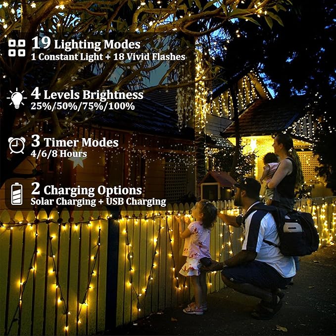 2-Pack 200FT Solar String Lights for Outside, 600 LED Extra-Bright Solar Light Outdoor with 19 Modes & Timer, Waterproof Fairy Solar Lights for Garden Patio Tree Christmas Decorations (Warm White)