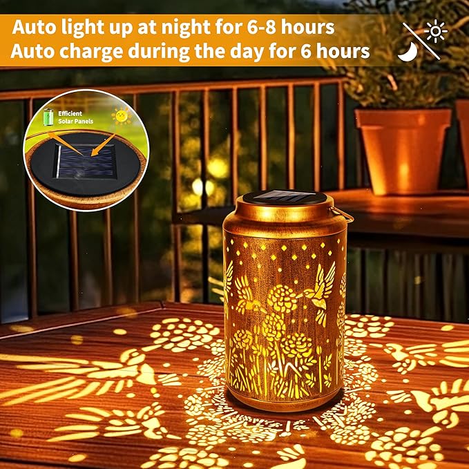 ODEETRONIC 2Pack Hummingbird Solar Lanterns - LED Solar Lantern Lights Outdoor Waterproof, Garden Lantern Lights Birthday Gift for Women, Metal Hummingbird Hanging Lanterns for Garden Yard Patio Decor
