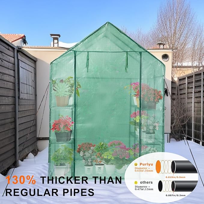 Walk-in Greenhouse w/ Roll-Up Zipper Door & Screen Windows-3 Tiers 12 Shelves 56x56x76β PE Greenhouse for Outdoor Gardening Plants Cold Frost Protection Wind Rain Proof(PLGHW002G-N)