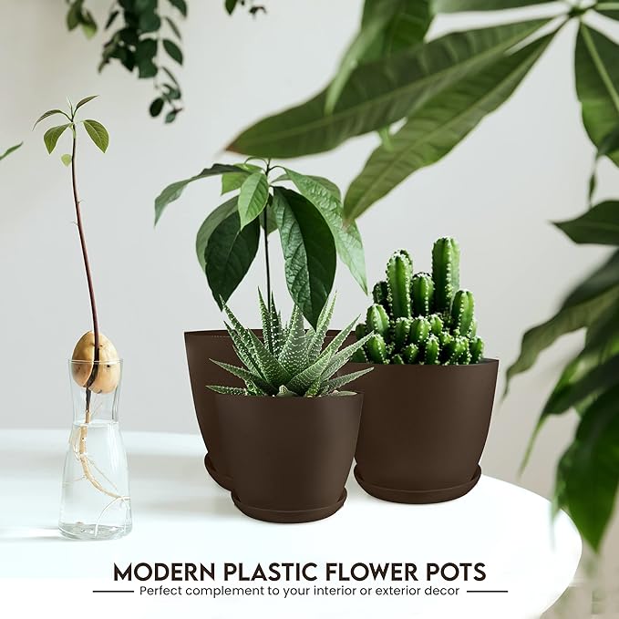Utopia Home - Plant Pots Indoor with Drainage - 7/6.6/6/5.3/4.8 Inches Home Decor Flower Pots for Indoor Planter - Pack of 5 Plastic Planters for Indoor Plants, Cactus, Succulents Pot - Brown