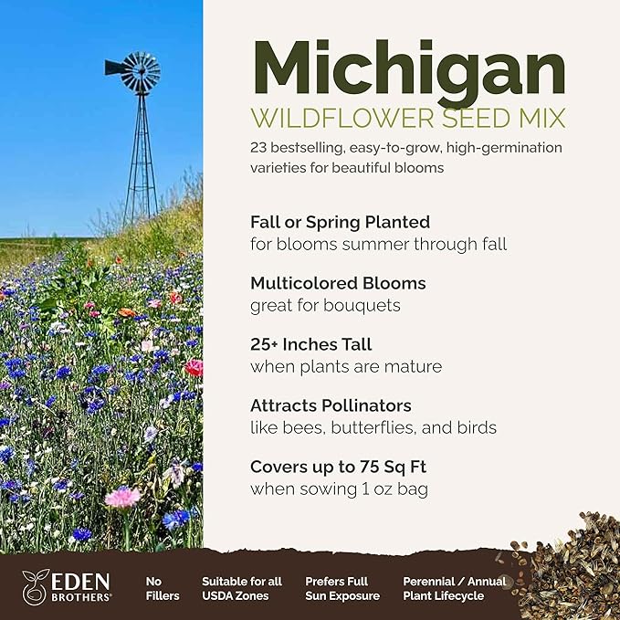 Eden Brothers Michigan Wildflower Mixed Seeds for Planting, 1 oz, 30,000+ Seeds with Cornflower, Sweet William, Cosmos | Attracts Pollinators, Plant in Spring or Fall, Zones 3, 4, 5, 6, 7, 8, 9, 10