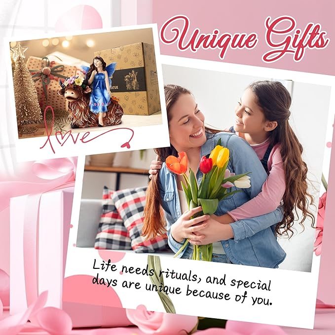 Solar Angel Garden Statue - Garden Fairy Sitting on a Highland Cow with Flowers, Butterflies and 5 LED Lights - Decorate Table, Terrace, Lawn, Birthdays, Grandma, mom