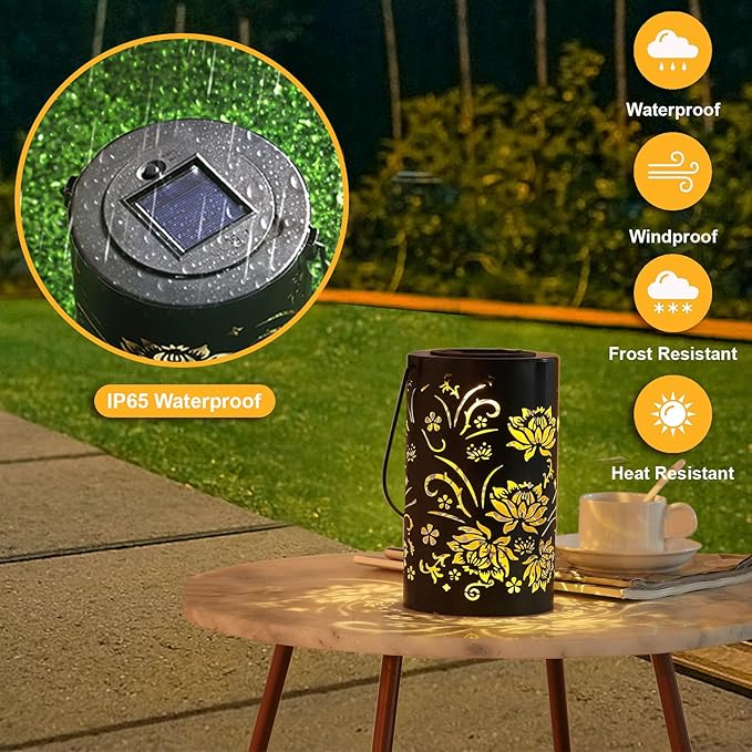 Solar Lanterns Outdoor Hanging Waterproof Metal Lotus Pattern Lanterns for Garden Patio Yard Lawn Front Porch Decor as Birthday Gifts for Mom Grandma Women