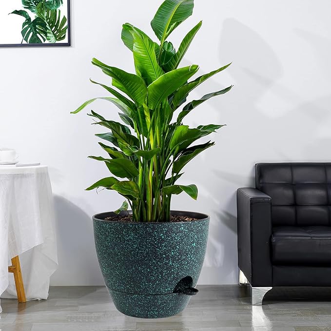 12 inch Large Self Watering Pots, Plastic Planters with 60oZ Removable Deep Reservoir and Multi Mesh Drainage Holes for Indoor Outdoor Garden Plants and Flowers, Black with Green Speckles