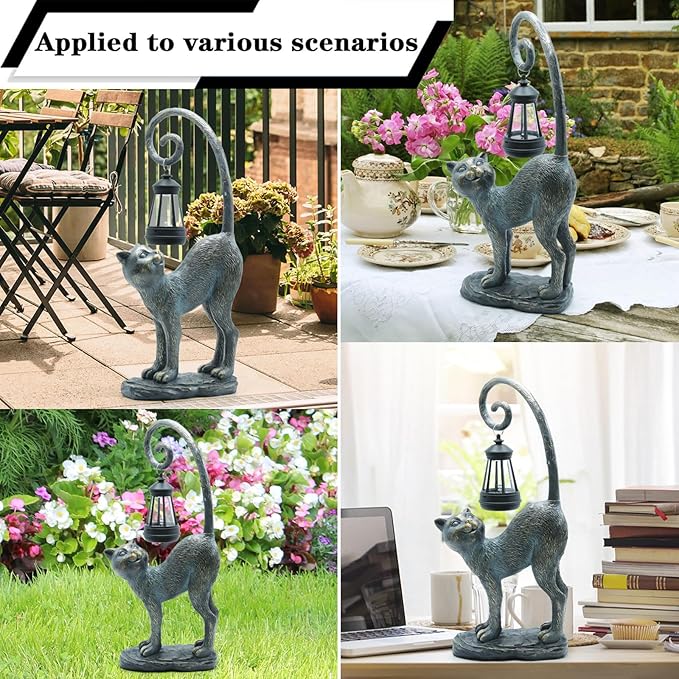 Resin Cat Statue with Solar Lantern, Eye-catching Garden Sculpture Decor,15.3" Height Outdoor Figurine for Garden Yard Patio Decorations,Birthday Gifts