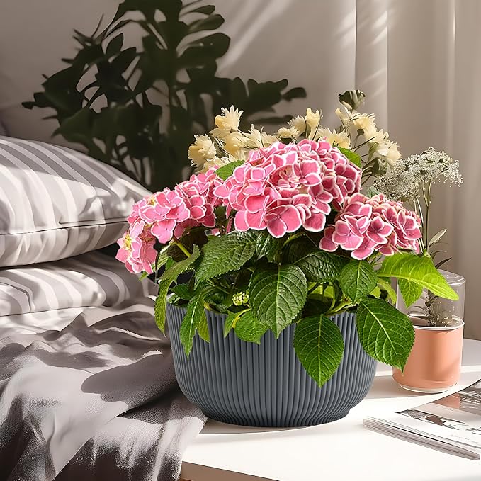 T4U 10 Inch Self Watering Planters, Plant Pots for Indoor and Outdoor Use, Home Decor Flower Pots, Plastic Planters with Drainage Hole & Plug for Plants, Flowers, Cactus, Garden, Set of 2, Gray