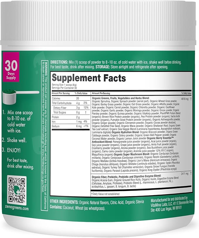 Zena Greens Organic SuperGreens Powder 30 Day 70+ Superfood 3G Fiber 0 Sugar