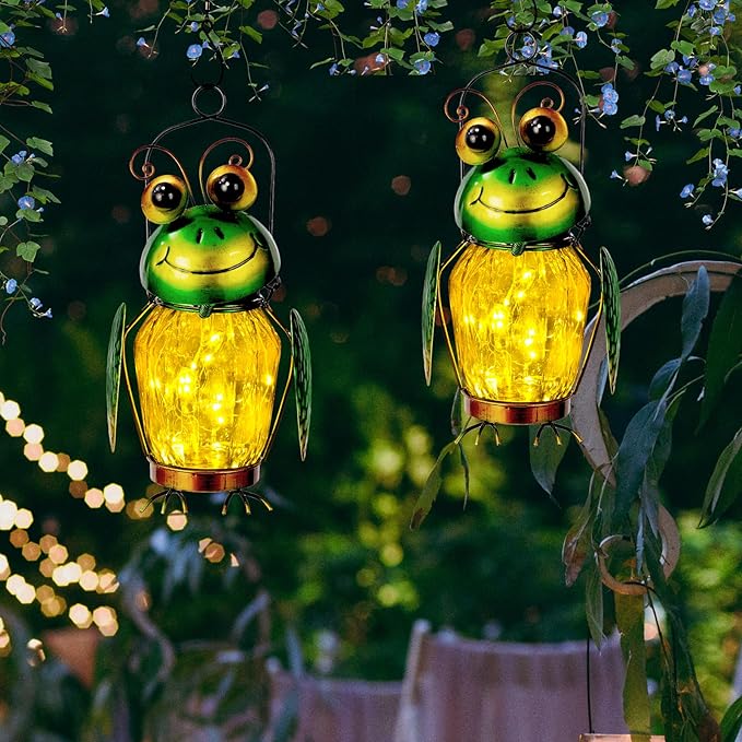 2 Pack Solar Lanterns Outdoor Waterproof Frog Hanging Solar Lantern, LED Glass Jar Outdoor Lanterns, Garden Lantern Lights for Yard Tree Table Xmas Metal Decoration